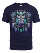 Mystic Owl Dreamcatcher Art Tee With Detailed Boho Fantasy - navy t-shirt on white background