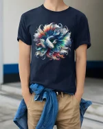 Colorful Betta Fish Art Tee With Flowing Abstract Motion - model wearing navy tee with hands in pockets