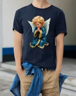 Praying Angel Child Art Tee With Peaceful Spiritual Feeling - model wearing navy tee with hands in pockets