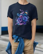Elegant Peacock Feather Floral Art Tee With Royal Beauty - model wearing navy tee with hands in pockets