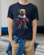 Funny Hockey Bear Graphic Tee With Playful Sports Style - model wearing navy tee with hands in pockets