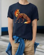 Elegant Fox Art Tee With Glowing Ornamental Pattern Design - model wearing navy tee with hands in pockets