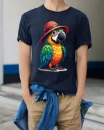 Funny Parrot Hat Art Tee With Colorful Tropical Personality - model wearing navy tee with hands in pockets