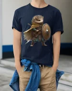 Brave Hedgehog Warrior Art Tee With Cute Fantasy Adventure - model wearing navy tee with hands in pockets