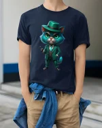 Funny Gangster Cat Art Tee With Stylish Mafia Suit Vibes - model wearing navy tee with hands in pockets