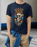 Royal Crown Skull Art Tee With Bold Colorful Rebel Style - model wearing navy tee with hands in pockets
