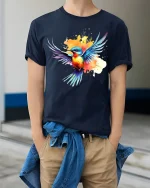 Colorful Flying Bird Art Tee With Splash Paint Energy - model wearing navy tee with hands in pockets