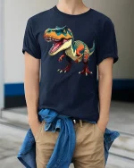Fierce T Rex Dinosaur Art Tee With Bold Roaring Attitude - model wearing navy tee with hands in pockets