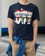 Cute Christmas Kittens Art Tee With Festive Holiday Smiles - model wearing navy tee with hands in pockets