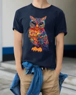Colorful Owl Art Tee With Intricate Psychedelic Detail - model wearing navy tee with hands in pockets