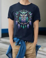 Mystic Owl Dreamcatcher Art Tee With Detailed Boho Fantasy - model wearing navy tee with hands in pockets