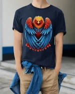 Majestic Fire Phoenix Art Tee With Bold Feather Power Style - model wearing navy tee with hands in pockets