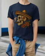 Sugar Skull Sombrero Art Tee With Bold Day Of The Dead Style - model wearing navy tee with hands in pockets