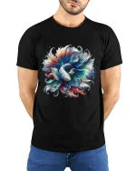 Colorful Betta Fish Art Tee With Flowing Abstract Motion - model wearing black tee with hands behind back