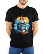 Vintage Harbor Boat Art Tee With Sunset City Ocean Vibes - model wearing black tee with hands behind back