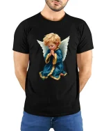 Praying Angel Child Art Tee With Peaceful Spiritual Feeling - model wearing black tee with hands behind back