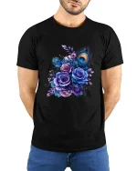 Elegant Peacock Feather Floral Art Tee With Royal Beauty - model wearing black tee with hands behind back