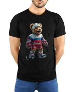 Funny Hockey Bear Graphic Tee With Playful Sports Style - model wearing black tee with hands behind back