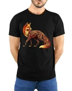 Elegant Fox Art Tee With Glowing Ornamental Pattern Design - model wearing black tee with hands behind back