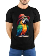 Funny Parrot Hat Art Tee With Colorful Tropical Personality - model wearing black tee with hands behind back
