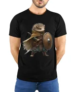 Brave Hedgehog Warrior Art Tee With Cute Fantasy Adventure - model wearing black tee with hands behind back