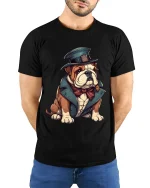 Funny Gentleman Bulldog Art Tee With Dapper Vintage Style - model wearing black tee with hands behind back