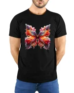 Colorful Butterfly Art Tee With Flowing Abstract Wing Design - model wearing black tee with hands behind back