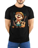 Funny Singing Otter Art Tee With Happy Music Lover Vibes - model wearing black tee with hands behind back