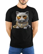 Funny Rich Cat Art Tee With Gold Chains And Cool Attitude - model wearing black tee with hands behind back