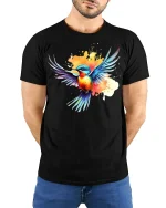 Colorful Flying Bird Art Tee With Splash Paint Energy - model wearing black tee with hands behind back