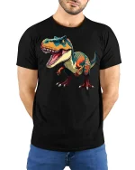 Fierce T Rex Dinosaur Art Tee With Bold Roaring Attitude - model wearing black tee with hands behind back