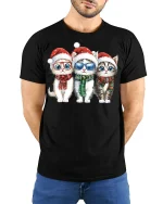 Cute Christmas Kittens Art Tee With Festive Holiday Smiles - model wearing black tee with hands behind back
