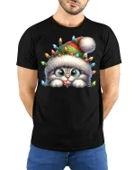 Cute Christmas Kitty Lights Tee With Cozy Holiday Magic - model wearing black tee with hands behind back