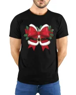 Funny Christmas Bow Graphic Tee With Santa Belt Style Design - model wearing black tee with hands behind back