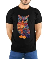 Colorful Owl Art Tee With Intricate Psychedelic Detail - model wearing black tee with hands behind back