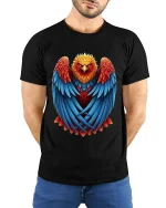 Majestic Fire Phoenix Art Tee With Bold Feather Power Style - model wearing black tee with hands behind back