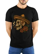 Sugar Skull Sombrero Art Tee With Bold Day Of The Dead Style - model wearing black tee with hands behind back