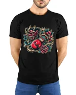 Fierce Wolf Boxing Art Tee With Bold Tattoo Style Energy - model wearing black tee with hands behind back