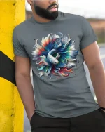 Colorful Betta Fish Art Tee With Flowing Abstract Motion - model wearing grey tee, leaning on column