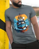 Vintage Harbor Boat Art Tee With Sunset City Ocean Vibes - model wearing grey tee, leaning on column