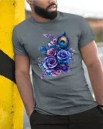 Elegant Peacock Feather Floral Art Tee With Royal Beauty - model wearing grey tee, leaning on column