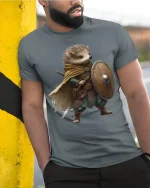 Brave Hedgehog Warrior Art Tee With Cute Fantasy Adventure - model wearing grey tee, leaning on column