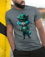 Funny Gangster Cat Art Tee With Stylish Mafia Suit Vibes - model wearing grey tee, leaning on column