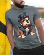 Funny Gentleman Bulldog Art Tee With Dapper Vintage Style - model wearing grey tee, leaning on column