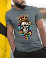 Royal Crown Skull Art Tee With Bold Colorful Rebel Style - model wearing grey tee, leaning on column