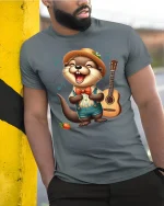 Funny Singing Otter Art Tee With Happy Music Lover Vibes - model wearing grey tee, leaning on column