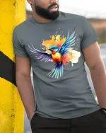 Colorful Flying Bird Art Tee With Splash Paint Energy - model wearing grey tee, leaning on column