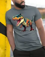 Fierce T Rex Dinosaur Art Tee With Bold Roaring Attitude - model wearing grey tee, leaning on column