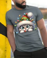 Cute Christmas Kitty Lights Tee With Cozy Holiday Magic - model wearing grey tee, leaning on column