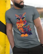 Colorful Owl Art Tee With Intricate Psychedelic Detail - model wearing grey tee, leaning on column